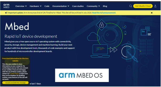 Screenshot of the Arm Mbed website announcing the End of Life timeline for Mbed
