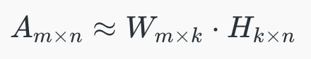 Formula showing matrix A factorized into non-negative matrices W and H