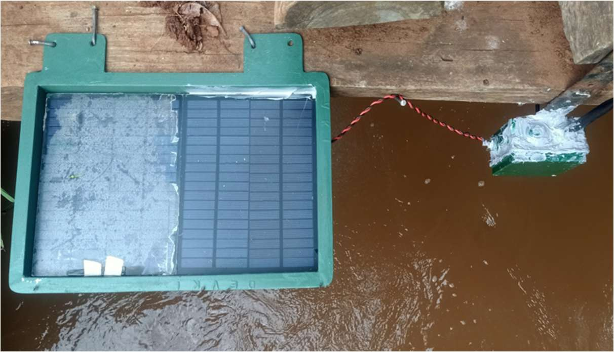 A solar-powered water level sensor node floating on a river