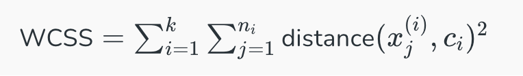 Formula for the Within-Cluster Sum of Squares (WCSS), summing squared distances between each point and its cluster centroid across all clusters